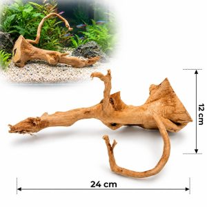 Lemn acvariu cu forma unica model TW34, 24 x 12 cm, prezentat pe fundal alb si intr-un acvariu plantat