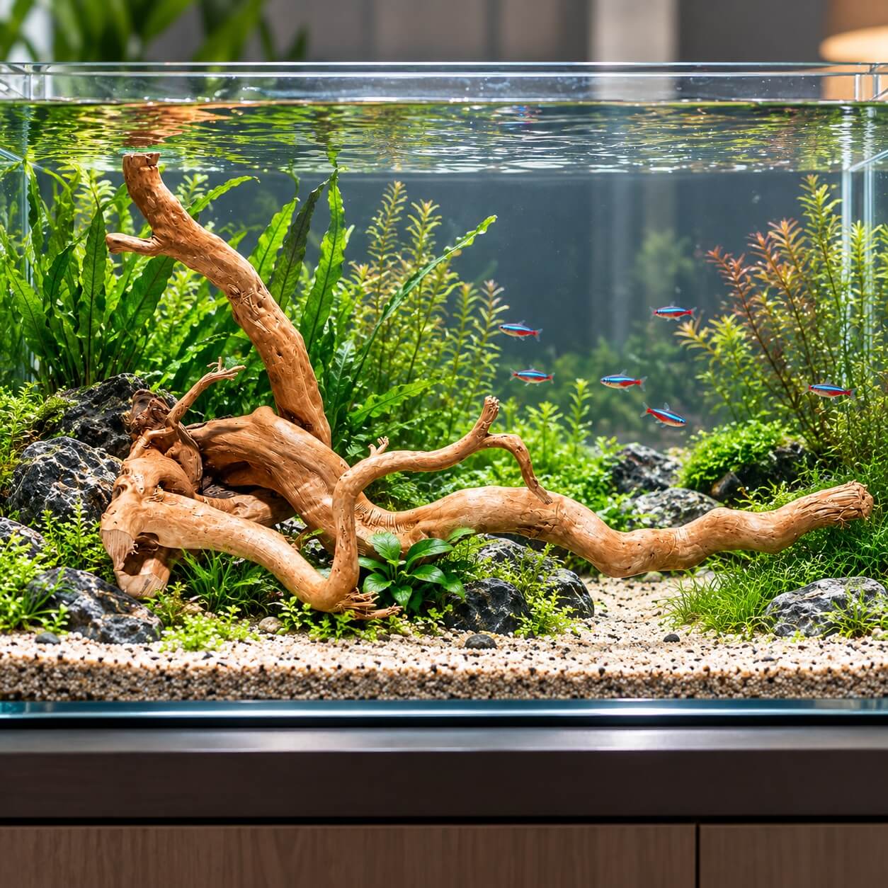 Lemn acvariu pentru apa dulce TW32 3 Radacina pentru acvariu TW32 integrata intr-un aquascape cu plante verzi, pietre naturale, substrat si pesti