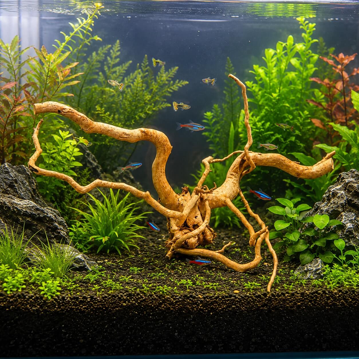 Lemn acvariu pentru pesti TW33 4 Lemn acvariu TW33 integrat intr-un acvariu plantat cu pesti si roci naturale