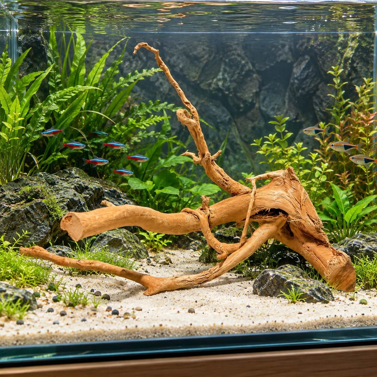 Radacini de lemn decor acvariu Red Moor Wood RM19 3 Lemn acvariu Red Moor Wood RM19 amplasat intr-un acvariu plantat cu pietre si substrat natural