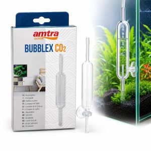 Numarator bule CO2 Amtra din sticla, prezentat cu ambalajul original si montat cu ventuza intr-un acvariu plantat.