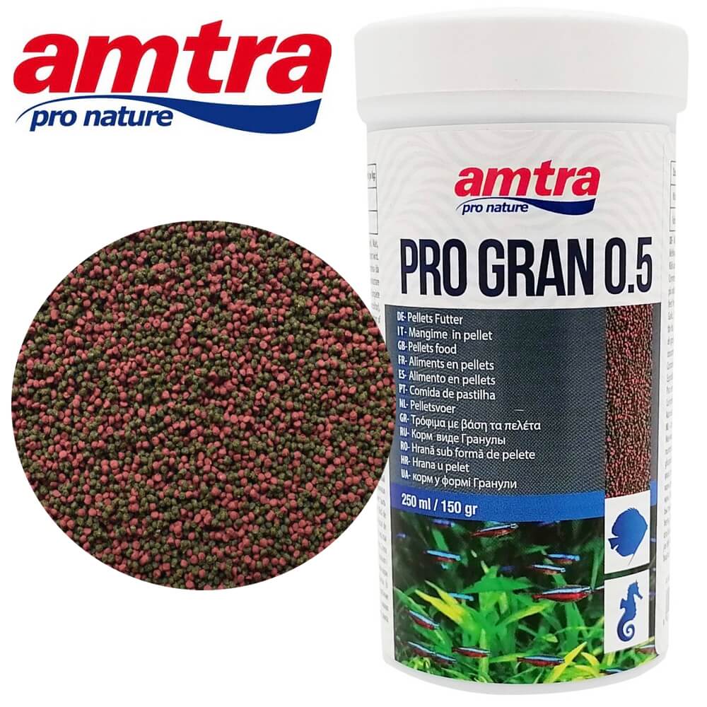 Hrana pesti acvariu granule Amtra Pro 0.5, 250 ml 1 Hrana pesti acvariu granule Amtra Pro 0.5, 250 ml, ideala pentru hranirea zilnica a pestilor exotici. Mancare pesti ce ofera nutritie completa. Hrana pesti acvariu granule Amtra Pro 0.5 este special conceputa pentru a satisface nevoile nutritionale ale pestilor tropicali de apa dulce si marina. Acest produs premium se adreseaza pestilor de talie mica si medie, fiind o alegere excelenta pentru hranirea zilnica a pestilor exotici. Cu o formula echilibrata si ingrediente de inalta calitate, aceasta mancare pesti garanteaza o dezvoltare sanatoasa, culori intense si un sistem imunitar fortifiat.