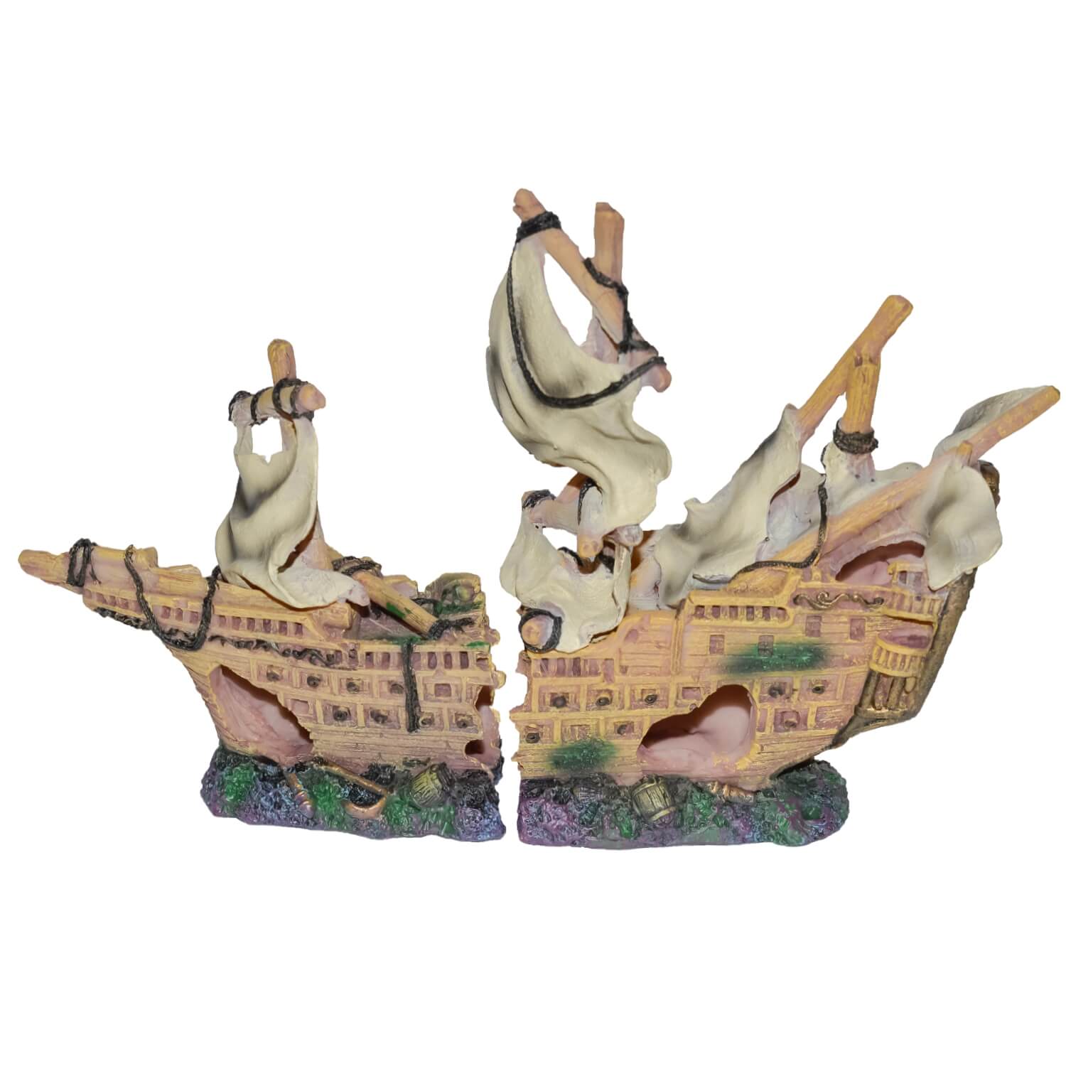 Decor acvariu epava galion cu panze rupt 24 cm 4 Aspectul corabiei din Decor acvariu epava galion cu panze, perfect pentru decoruri pentru acvariu aventuroase