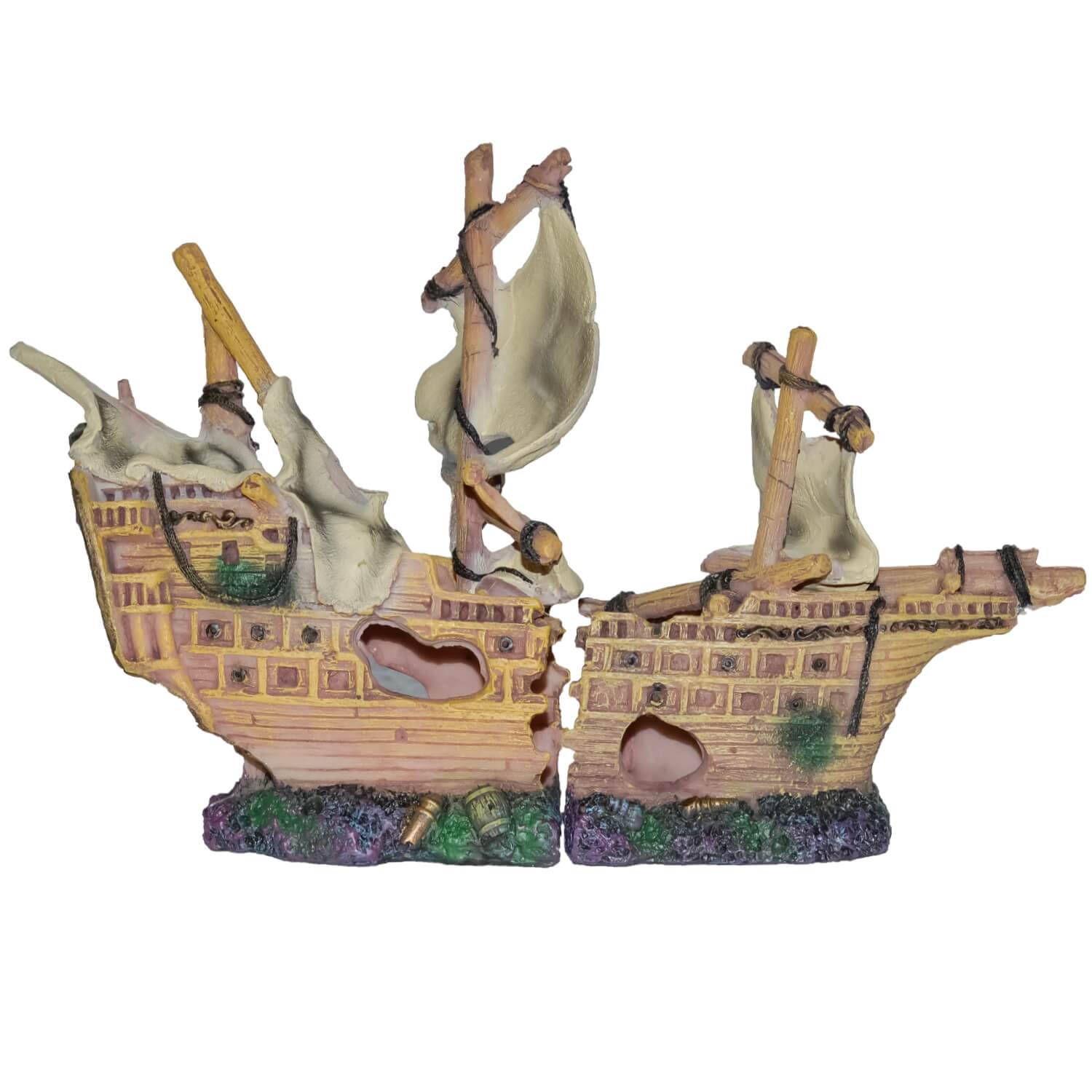 Decor acvariu epava galion cu panze rupt 24 cm 5 Epava scufundata: Decor acvariu epava galion cu panze, ideala pentru decoruri pentru acvariu imaginative