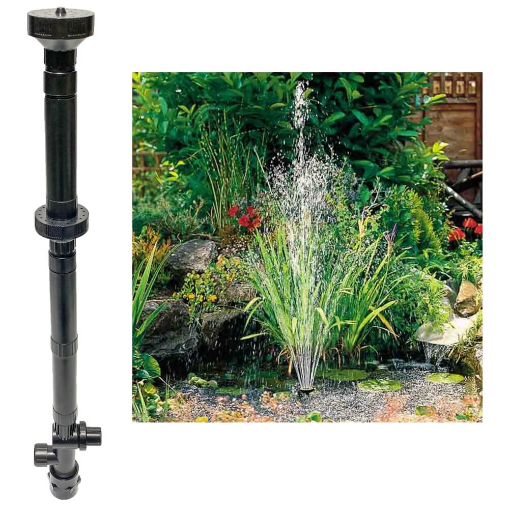 Kit fantana arteziana tasnitoare cu doua unitati de dispersie apa 1 Kit fantana arteziana tasnitoare cu doua duze de fantani arteziene din care tasneste apa intr-un mod cu totul deosebit. Kit pentru pompa fantana arteziana compatibil cu pompe ce au un debit de apa cuprins in intervalul 2000 – 15000 litri/oră. Cu cat pompa este mai puternica cu atat inaltimea jetului de apa este mai mare. Kit de dispersia apei pentru fântâni arteziene ușor de montat pe o gamă foarte variată de pompe de apă de dimensiuni diferite. Kit cu doua duze fantani arteziene din care tasneste apa intr-un mod cu totul deosebit atat din capat cat si din partea inferioara. Kit arteziana confectionat din material plastic. Ambalaj: 1 buc. / set. Chitul permite ajustarea debitului de apă având robinetul integrat în partea inferioară a acestuia. Se poate cupla la următoarele tipuri de pompe: – pompe cu ștuțul de ieșire cu filet interior diametrul 32 mm. – pompe cu ștuțul de ieșire cu filet exterior diametrul 32 mm. – pompe cu ștuțul de ieșire cu filet exterior diametrul 46 mm. – Țeavă cu diametrul interior de 41 mm. – Țeavă cu diametrul interior de 53 mm. Înălțimea totală a acestui kit arteziana de dispersie a apei este de 630 mm.