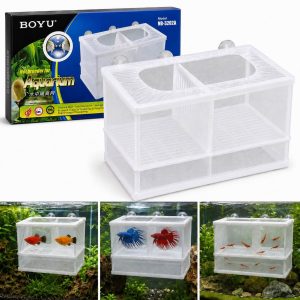 Maternitate dubla pesti acvariu Boyu NB-3202A cu ambalaj si exemple de utilizare pentru pesti si creveti