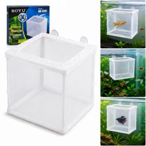 Maternitate pesti acvariu Boyu NB-3201 din plasa, prezentata cu ambalajul si exemple de utilizare pentru diferite specii de pesti