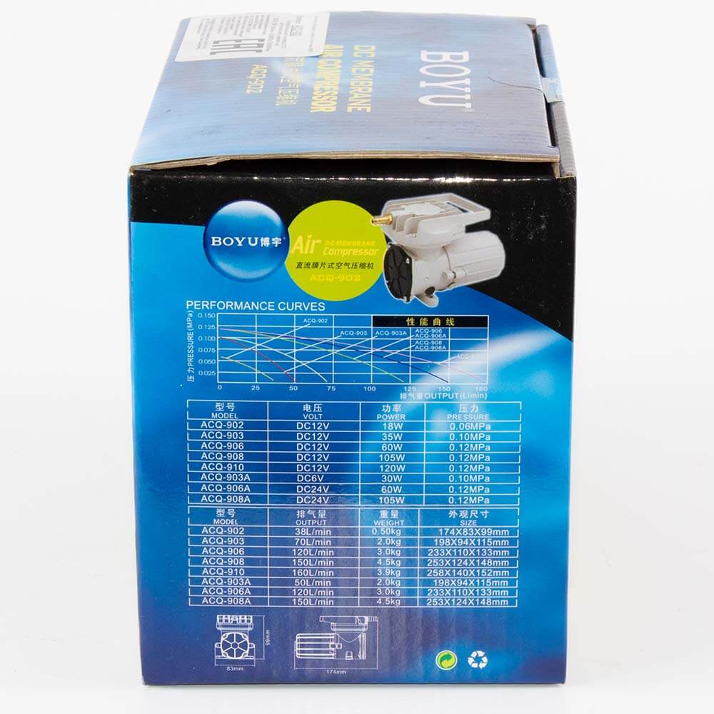 Pompa aer 12V pentru oxigenare 38 l/min 6 Pompa aer 12V pentru oxigenare 38 l/min acvariu, iaz, transport peste. Pompa aer 12v transport peste utilizata ca pompa de aer auto ce se poate conecta la 12V. Pompa aer 12V transport peste este vitala la transportul de peste viu. O veritabila pompa de aer auto ce aigura mobilitatea aerarii apei pe durata transportului pestelui. Un compresor de aer eficient. Sistem de aerare fiabil. Destinat asigurarii necesarului de aer atat la acvarii, iazuri, crescatorii de peste cat si ca pompa aer peste in cazul transportului de peste. Alimentarea fiind la 12 Volti pentru uzul casnic este necesara conectarea la un alimentator de 12 volti iar pentru transportul pestelui viu se va conecta la bateria masinii. Carcasa din aluminiu turnat extrem de fiabila ce asigura dispersia excelentă a căldurii, astfel ca temperatura aerului nu va fi afectata. Compresor de aer rezistent la uzura avand o frecare redusa la camera pistonului. Eficianta energetica ridicata. Compresorul nu consuma mult curent electric. Compresorul nu necesita intretinere suplimentara. Acesta nu lucreaza cu ulei si poate fi folosit inclusiv in ape adanci sau in camioane-cisterna pentru transportul de peste viu. Putand fi alimentat la 12 volti se poate conecta la un acumulator sau la un sistem de panouri solare. Este un furnizor de aer comprimat minunat pentru activități în aer liber. Presiunea ridicata a aerului face din acest compresor alegerea ideala. Pompa aer 12V pentru oxigenare 38 l/min cu performanțe remarcabile pentru adâncimea apei de 1 metru sau chiar mai adanca. In comparatie alte compresoare nu reusesc a administra aer la asemenea adancimi. Specificații: Brand: BOYU Model: ACQ-902 Voltaj: 12 V Numarul iesirilor de aer: 1 iesire Presiune: 0,06 MPa Putere: 18 W Debit aerare/ora: 38 Litri pe minut. Dimensiuni: 174 X 83 X 99. Pachetul contine: compresor teu distribuitor de aer cu 4 iesiri pentru furtun de 4 / 6mm furtunul ce cupleaza teul la compresor.
