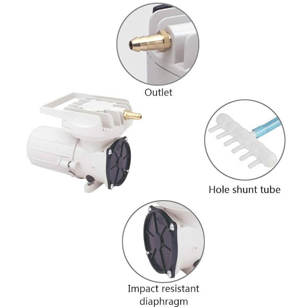 Sistem aerare 12 volti Boyu 150 litri/minut 3 Sistem aerare 12 volti Boyu 150 litri/minut pompa aer 12V, compresor aer 12V pentru transport peste. Super calitate cu debit generos. Sistemul de aerare 12 volti Boyu 150 litri/minut este alegerea ideala pentru cei care cauta o pompa aer 12V de inalta performanta. Acest compresor aer 12V este perfect pentru diverse aplicatii, inclusiv transportul pestilor vii, asigurand oxigenarea necesara in timpul calatoriilor. Cu un debit impresionant de 150 litri pe minut, acest compresor aer 12V pentru transport peste se situeaza in topul celor mai apreciate sisteme de aerare piscicole. Caracteristici principale: Debitul generos: Cu 150 litri pe minut, acest compresor aer 12V asigura o aerare eficienta pentru acvarii, iazuri, helestee si crescatorii de pesti. Alimentare versatila: Functioneaza la 12 volti, ideal pentru conectarea la baterii auto in timpul transportului de pesti vii sau la alimentatoare de 12V pentru uz casnic. Carcasa durabila: Fabricata din aluminiu turnat, carcasa este extrem de fiabila si asigura dispersia eficienta a caldurii, mentinand temperatura aerului constanta. Eficienta energetica: Consum redus de curent electric, fara a necesita intretinere suplimentara, datorita lipsei uleiului in mecanism. Presiune ridicata: Performante excelente pentru adancimi de pana la 3 metri, facand din acest compresor alegerea ideala pentru aplicatii diverse. Specificatii tehnice: Brand: BOYU Model: ACQ-908 Voltaj: 12 V Numarul iesirilor de aer: 1 iesire Presiune: 0,12 MPa Putere: 105 W Debit aerare/ora: 150 litri pe minut Dimensiuni: 253 x 124 x 148 mm Avantaje suplimentare: Rezistenta la uzura: Frecare redusa in camera pistonului, prelungind durata de viata a compresorului. Fara intretinere: Nu necesita ulei si poate fi utilizat in ape adanci sau in camioane-cisterna pentru transportul pestilor vii. Versatilitate: Poate fi conectat la acumulatori sau sisteme de panouri solare, ideal pentru activitati in aer liber. Pachetul include compresorul, un teu distribuitor de aer cu iesiri pentru furtun de 4/6mm si furtunul de conexiune. Sistemul aerare 12 volti Boyu 150 litri/minut este solutia perfecta pentru orice necesitate de oxigenare, fie ca este vorba de un acvariu, iaz sau transport de pesti vii.