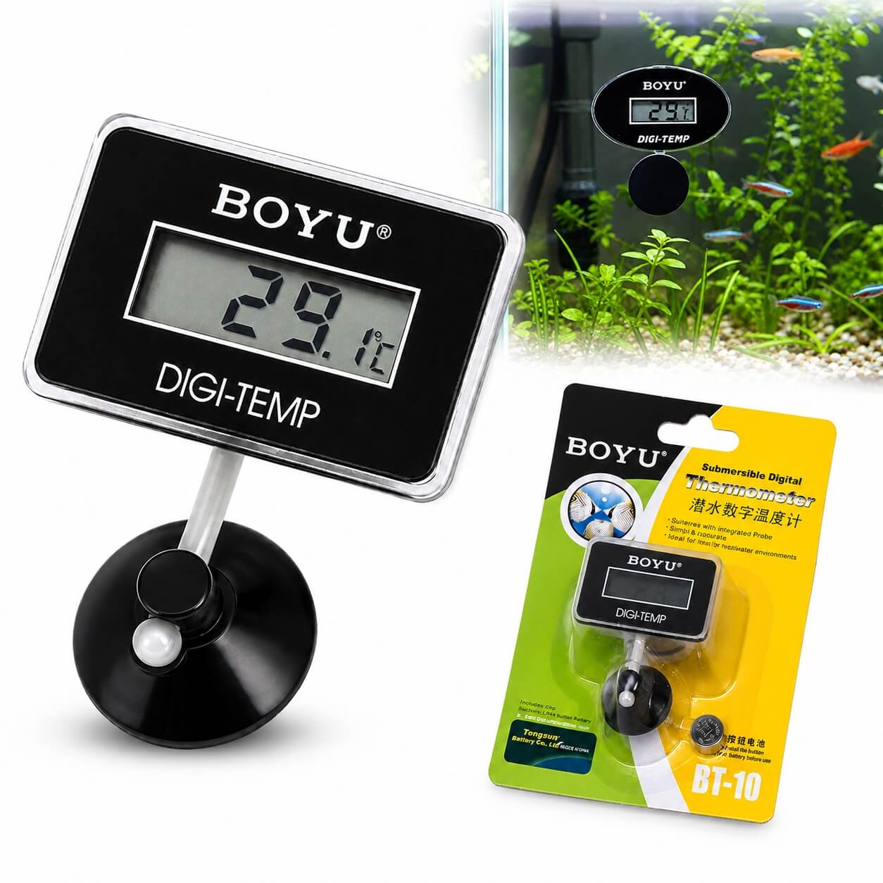 Termometru acvariu electronic Boyu, submersibil pentru apa 1 Termometru acvariu electronic Boyu BT-10 cu afisaj LCD, ventuza, exemplu de montare in acvariu si ambalaj