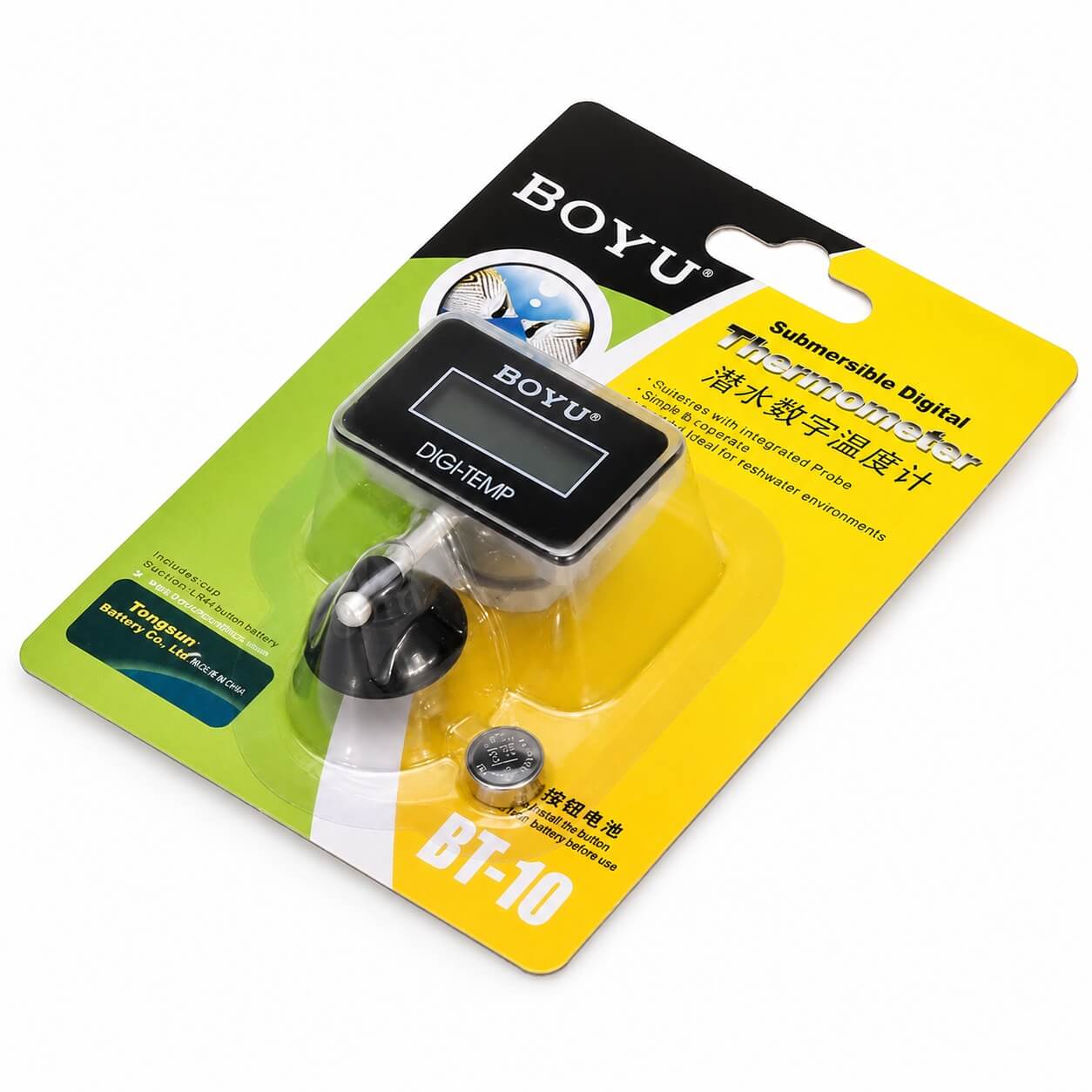 Termometru acvariu electronic Boyu, submersibil pentru apa 5 Ambalaj termometru digital Boyu BT-10 submersibil pentru acvariu cu baterie CR2025
