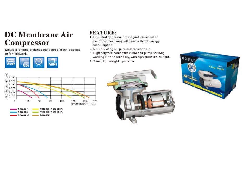 Pompa aer 12V pentru oxigenare 38 l/min 5 Pompa aer 12V pentru oxigenare 38 l/min acvariu, iaz, transport peste. Pompa aer 12v transport peste utilizata ca pompa de aer auto ce se poate conecta la 12V. Pompa aer 12V transport peste este vitala la transportul de peste viu. O veritabila pompa de aer auto ce aigura mobilitatea aerarii apei pe durata transportului pestelui. Un compresor de aer eficient. Sistem de aerare fiabil. Destinat asigurarii necesarului de aer atat la acvarii, iazuri, crescatorii de peste cat si ca pompa aer peste in cazul transportului de peste. Alimentarea fiind la 12 Volti pentru uzul casnic este necesara conectarea la un alimentator de 12 volti iar pentru transportul pestelui viu se va conecta la bateria masinii. Carcasa din aluminiu turnat extrem de fiabila ce asigura dispersia excelentă a căldurii, astfel ca temperatura aerului nu va fi afectata. Compresor de aer rezistent la uzura avand o frecare redusa la camera pistonului. Eficianta energetica ridicata. Compresorul nu consuma mult curent electric. Compresorul nu necesita intretinere suplimentara. Acesta nu lucreaza cu ulei si poate fi folosit inclusiv in ape adanci sau in camioane-cisterna pentru transportul de peste viu. Putand fi alimentat la 12 volti se poate conecta la un acumulator sau la un sistem de panouri solare. Este un furnizor de aer comprimat minunat pentru activități în aer liber. Presiunea ridicata a aerului face din acest compresor alegerea ideala. Pompa aer 12V pentru oxigenare 38 l/min cu performanțe remarcabile pentru adâncimea apei de 1 metru sau chiar mai adanca. In comparatie alte compresoare nu reusesc a administra aer la asemenea adancimi. Specificații: Brand: BOYU Model: ACQ-902 Voltaj: 12 V Numarul iesirilor de aer: 1 iesire Presiune: 0,06 MPa Putere: 18 W Debit aerare/ora: 38 Litri pe minut. Dimensiuni: 174 X 83 X 99. Pachetul contine: compresor teu distribuitor de aer cu 4 iesiri pentru furtun de 4 / 6mm furtunul ce cupleaza teul la compresor.