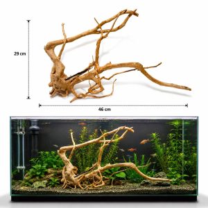 Decor acvariu lemn natural model HW03, 46 x 29 cm, prezentat separat si amplasat intr-un acvariu plantat