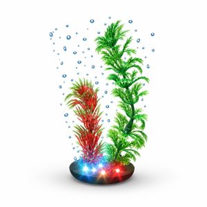 Perdea led acvariu cu baza rotunda, 2 plante artificiale, lumini LED colorate si efect decorativ cu bule de aer