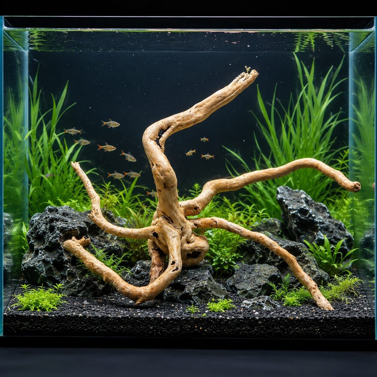 Lemn decor natural acvariu HW11 3 Lemn decorativ acvariu HW11 amplasat intre roci si plante acvatice