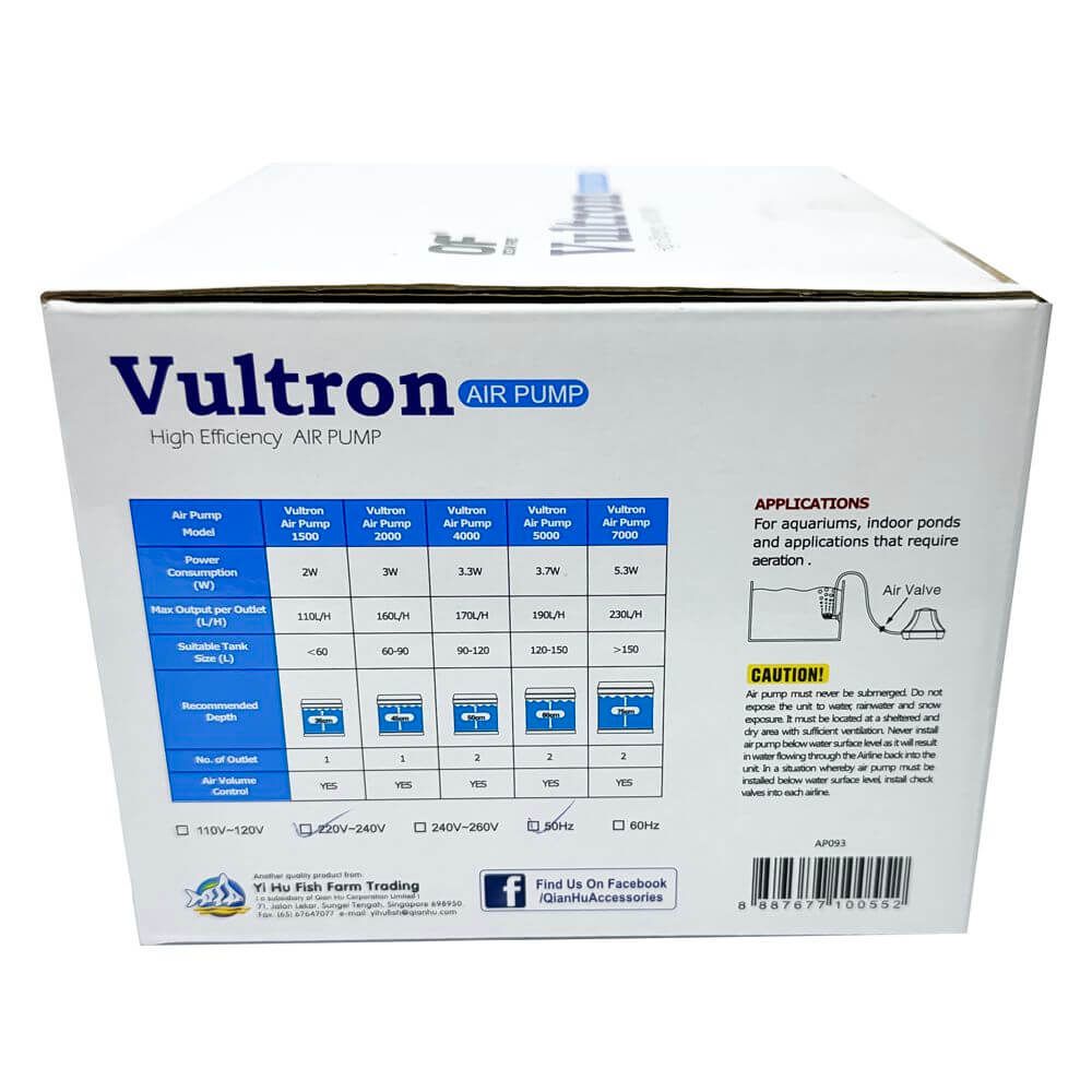 Pompa acvariu aer cu furtun valva difuzor 160 l/h 7 Pompa acvariu aer cu furtun valva difuzor 160 l/h. Vultron 2000 este o pompa aer acvariu cu o iesire, cu reglaj electronic al debitului de aer echipata complet. Pompa aer acvariu Vultron 2000 cu o singura iesire are reglajul electronic al debitului de aer si vine echipata standard cu 1 metru de furtun pentru aer, o valva valva unisens albastra si un difuzor de aer cu ventuza. Pompa acvariu aer de generatie noua cu eficienta ridicata ce asigura aerarea optima a acvariilor sau a iazurilor. Dizolva eficient oxigenul in apa tinand pestii sanatosi intr-un mediu prielnic. La pompa de aer Vultron 2000 corpul pompei de aer este cu pereti dubli pentru reducerea semnificativa a vibratiilor. -pompa acvariu silentioasa cu baza de cauciuc pentru a reduce vibratiile. Pompa aer puternica ce ridica nivelul de oxigen dizolvat in masa apei. Caracteristici: Design compact al acestei pompe de aer pentru acvariu. Presiunea acestei pompe de aer face posibila aerarea bazinelor pana la 0,7 m adancime. Reglaj electronic al debitului de aer. Consum redus de energie electrica si randament maxim. Pe langa pompa de aer pachetul include 1 metru furtun de aer, o valva unisens si un difuzor de aer cu ventuza. Cod produs: AP093 Debit de aer: 160 l / ora. Consum electric: 3 W.