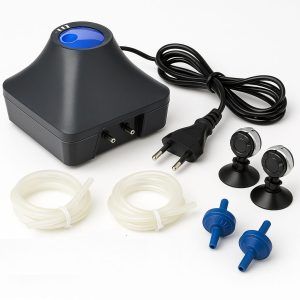 Pompa de aer acvariu set complet 2 iesiri 460 lph, o pompa acvariu externa ideala pentru a asigura aer in acvarii. Cu accesorii si usor de instalat. Pompa de aer Vultron 7000 cu doua iesiri este o pompa aer acvariu pentru admisia de aer in acvariile cu un volm de apa generos ce vine in cutie cu set complet de accesorii.