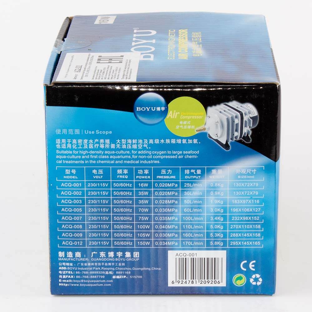 Compresor aer acvariu sau iaz 25 litri pe minut 8 Compresor aer acvariu sau iaz, model de mini compresor de 25 litri pe minut. Ideal pentru pompe aer acvariu si aerarea iazurilor. Acest compresor aer acvariu sau iaz 25 litri pe minut reprezinta solutia perfecta pentru aerarea eficienta a acvariilor mari si a iazurilor. Este ideal pentru utilizarea in diverse medii, inclusiv in acvarii, iazuri, fose septice si alte aplicatii similare. Caracteristici: Model de mini compresor: Compact si eficient, acest compresor este usor de integrat in orice setup. Pompe aer acvariu: Ofera un debit generos de aer, asigurand o oxigenare optima a apei. Compresor aer acvariu sau iaz: Versatil, potrivit pentru diverse aplicatii, inclusiv acvarii mari, iazuri, fose septice si acvacultura. Specificatii tehnice: Capacitate de aerare: 25 litri pe minut (1500 litri pe ora) Putere: 16 W Presiune: 0,02 MPa Tensiune alimentare: 220-240V, 50-60Hz Dimensiuni: 130 x 72 x 79 mm Greutate: 0.8 kg Beneficii: Debit de aer optim: Cei 25 de litri / minut de aer acopera necesarul de aer a unei game foarte variata de aplicatii. Durata lunga de viata: Materialele durabile utilizate, inclusiv aliajul de aluminiu si materialul SF3 pentru cilindru si piston, asigura o longevitate ridicata. Tehnologie fara ulei: Asigura curatenia fluxului de aer si elimina necesitatea intretinerii frecvente. Aplicatii multiple: Acest model de mini compresor este perfect pentru utilizare in acvarii de pana la 3000 litri, iazuri de aceeasi capacitate, precum si in fose septice sau alte sisteme unde este necesara aerarea constanta. De asemenea, poate fi folosit si ca pompa de vid. Pachetul include: Furtun (lungime 15 cm, Ø 8/10 mm) Stut din alama cu filet (Ø 8 mm) Distribuitor de aer cu 4 iesiri (intrare Ø 8 mm, iesiri Ø 4 mm) Compresorul de aer acvariu sau iaz 25 litri pe minut asigura o aerare eficienta si de lunga durata oriunde este folosit: acvarii, iazuri, fose septice, crescatorii de pesti, restaurante cu pesti vii, panouri cu bule, afumatori. Compresorul vine echipat cu teu distribuitor aer cu 4 iesiri de 4 mm in diametru. Diametrul exterior al stutului de aer care iese din compresor este de 7 mm iar conectarea la teul de aer se face prin intermediul unui furtun de aer inclus de asemenea in pachet.