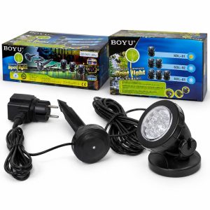 Led spot subacvatic Boyu cu senzor de lumina, cabluri, alimentator si ambalaje