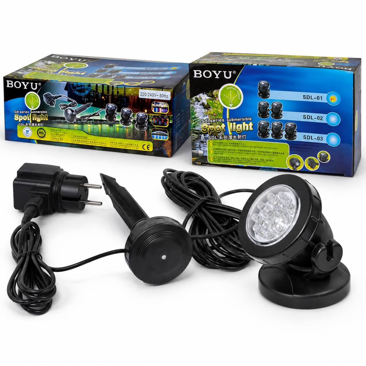 Led spot subacvatic Boyu cu senzor de lumina 1 Led spot subacvatic Boyu cu senzor de lumina, cabluri, alimentator si ambalaje