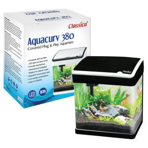 Acvariu sticla curbata de 32 litri. Acvariu pesti model Aquacurv 380 de buna calitate si design modern. Acvariu echipat de vanzare cu iluminare LED, capac si filtrare On Top. Classica aquarium de vanzare direct din stocul nostru. Descrierea produsului Include filtrare mecanica, chimica si biologica pentru o apa mai curata. Complet echipat cu filtru On Top, lumina LED si capac pentru acvariu. Acvariu frumos cu sticla curbata. Consum redus de energie. Usor de intretinut. Capac solid detasabil cu clapeta de hranire: am proiectat un capac durabil si rezistent, care totusi este usor de ridicat atunci cand intretineti acvariul. Volum: 32 Litri. Debitul pompei: 250L/H. Puterea pompei: 5.5W. Puterea LED-ului: 4.5W. Culoare: Negru. Caracteristici: Aquacurv 380 este un acvariu proiectat atat pentru functionalitate, cat si pentru usurinta in utilizare. Gata de a fi folosit. O combinatie eficienta de filtrare mecanica, biologica si chimica in camerele filtrului On Top ofera si mentine o apa curata si limpede. Filtrul On Top are o dinamica inovativa a unui flux in cascada inovativa a apei care revine din filtru inapoi in acvariu. Bucurati-va de o vedere panoramica a pestilor dvs. prin sticla frontala curba. Bucurati-va de efectele stralucitoare frumoase create de iluminatul LED, care are un consum redus de energie electrica, ofera performante inalte, durabilitate si putere de penetrare a luminii. Ideal pentru acasa sau la birou. Specificatii produs: Dimensiuni exterioare acvariu: 38 cm (Lungime) x 26,5 cm (latime) x 39,5 cm (inaltime). Volumul acvariului: 32L Tipul filtrului: Filtru On Top Puterea pompei filtrului: 5.50W Debit de filtrare: 250 litri / ora. Puterea sistemului de iluminare LED: 4.5W Geam ultraclar curbat astfel ca fata acvariului si cele doua laterale sunt din aceeasi bucata de sticla. Buton cu touch screen pentru stingerea și aprinderea luminii.