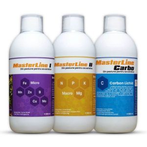  MasterLine I este o formula concentrata de fertilizare, cu micronutrienti pentru plantele acvatice.  Contine ­fier, mangan, zinc, bor, cupru si molibden.  Ajuta la prevenirea carentei de ­fier care are ca simptome, frunze noi lipsite de colorit.  Se recomanda folosirea MasterLine I concomitent cu MasterLine II si cu MasterLine Carbo. Astfel, plantele acvatice vor primi toate elementele nutritive necesare unei cresteri sanatoase.  Datorita agentilor chelatori de calitate superioara, elementele din MasterLine I isi pastreaza proprietatile timp indelungat, fara sa influenteze claritatea apei, f­iind posibila o dozare saptamanala sau zilnica. Astfel, acvaristul are libertatea de a alege intre cele doua variante.  Dozaj saptamanal: 7 ml pentru 30 litri apa acvariu                              SAU  Dozaj zilnic: 1 ml pentru 30 litri apa acvariu  Evitati folosirea carbunelui activ in ­filtru sau a lampilor UV, deoarece acestea contribuie la deteriorarea elementelor continute in solutie.  Agitati fl‑aconul inainte de folosire, nu ingerati si nu lasati la indemana copiilor. Pastrati produsul la loc racoros si ferit de lumina.  Sunt posibile urme de reziduu si schimbarea culorii solutiei, insa fara a-i in‑fluenta proprietatile.  Flaconul de 500 ml este suficient pentru fertilizarea a 15.000 l apa de acvariu. =============================================================================    MasterLine II este o formula concentrata de fertilizare cu macronutrienti, pentru plantele acvatice. Este o formula bogata in potasiu.  Macronutrientii, sunt elemente importante in cresterea plantelor, care de cele mai multe ori se regasesc in acvariu in concentratii prea mici, fi­ind necesara aditie suplimentara.  MasterLine II contine azot, fosfor, potasiu si magneziu.  Ajuta la prevenirea algelor ca GSA (green spot algae), BGA (blue green algae) dar si Staghorn.  Se recomanda folosirea MasterLine II concomitent cu MasterLine I si cu MasterLine Carbo. Astfel, plantele acvatice vor primi toate elementele nutritive necesare unei cresteri sanatoase.  Se poate doza atat saptamanal cat si zilnic.  Astfel, acvaristul are libertatea de a alege intre cele doua variante.  Dozaj saptamanal: 7 ml pentru 30 litri apa acvariu.                              SAU  Dozaj zilnic: 1 ml pentru 30 litri apa acvariu.  Evitati folosirea carbunelui activ in ­filtru sau a lampilor UV, deoarece acestea contribuie la deteriorarea elementelor continute in solutie.  Agitati ‑flaconul inainte de folosire, nu ingerati si nu lasati la indemana copiilor. Pastrati produsul la loc racoros si ferit de lumina.  Sunt posibile urme de reziduu si schimbarea culorii solutiei, insa fara a-i in‑fluenta proprietatile.  Flaconul de 500 ml este suficient pentru fertilizarea a 15.000 l apa de acvariu. =============================================================================    Carbonul reprezinta cel mai important element pentru plante, regasindu-se in compozitia acestora in proportie de 50%.  MasterLine Carbo contine carbon lichid care datorita formei sale, este sintetizat de plante mult mai usor si mai rapid decat carbonul oferit prin aditie de CO2.  MasterLine Carbo se poate folosi ca sursa unica de carbon sau concomitent cu CO2.  Rezultate maxime in ceea ce priveste cresterea plantelor se vor obtine prin folosirea ambelor surse de carbon (MasterLine Carbo dar si CO2).   MasterLine Carbo are proprietati algicide, in special pentru alge de tipul BBA, inhiband cresterea acestora.  Se recomanda folosirea MasterLine Carbo concomitent cu MasterLine I si cu MasterLine II sau MasterLine All In One. Astfel, plantele acvatice vor primi toate elementele nutritive necesare unei cresteri sanatoase.  MasterLine Carbo se poate doza doar zilnic, preferabil inaintea pornirii iluminarii.  Dozaj zilnic: 1 ml pentru 30 litri apa acvariu.  Evitati folosirea carbunelui activ in filtru sau a lampilor UV, deoarece acestea contribuie la deteriorarea elementelor continute in solutie.  Agitati flaconul inainte de folosire, nu ingerati si nu lasati la indemana copiilor. Pastrati produsul la loc racoros si ferit de lumina.   Flaconul de 500 ml este suficient pentru fertilizarea a 15.000 l apa de acvariu.
