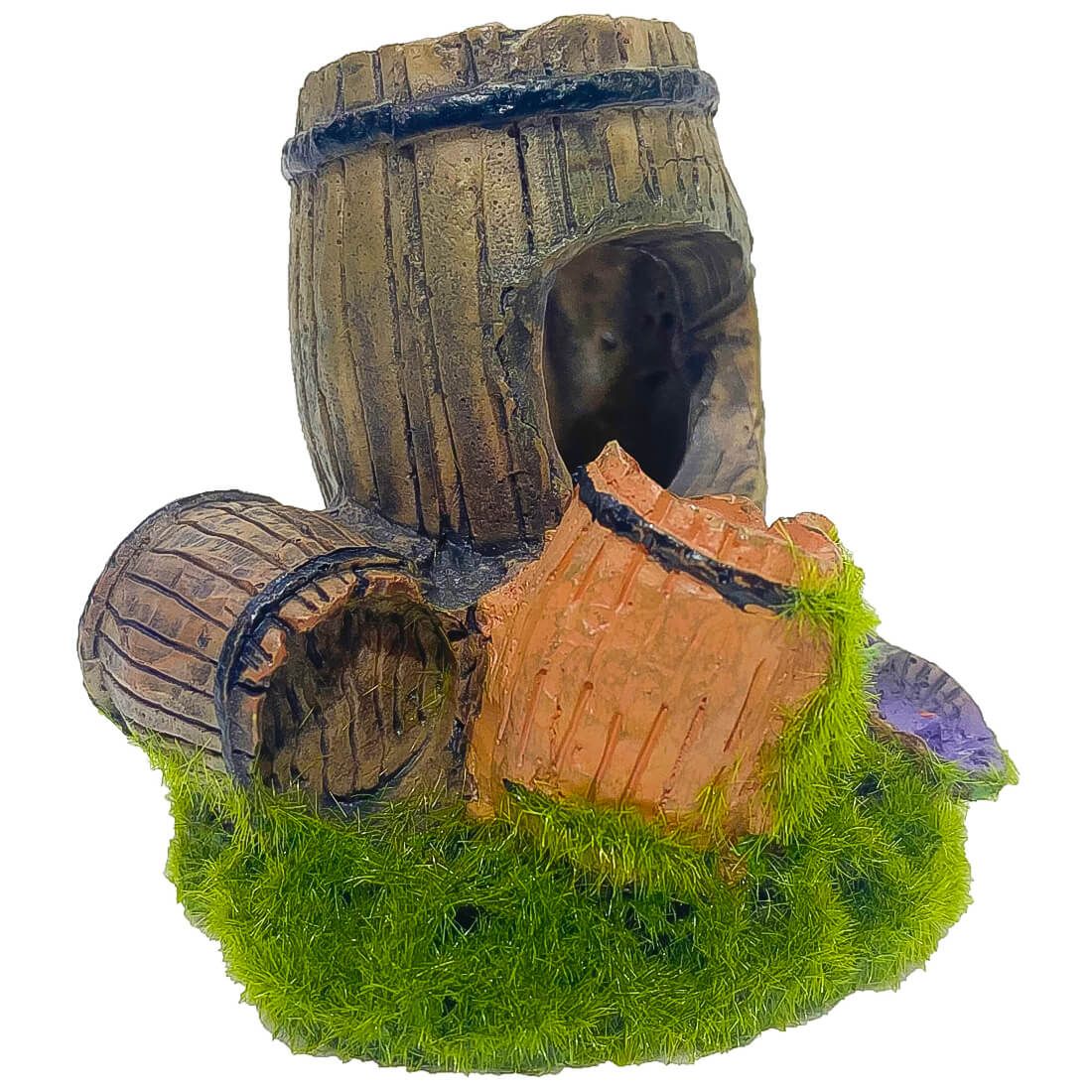 Ornament cu 3 butoaie pentru acvariu cu moss 4 Imbunatateste-ti bazinul cu acest ornament cu 3 butoaie pentru acvariu. Printre cele mai creative decoruri pentru acvariu, acesta aduce decoratiuni acvarii viu colorate si un habitat optim pentru vietatile tale.