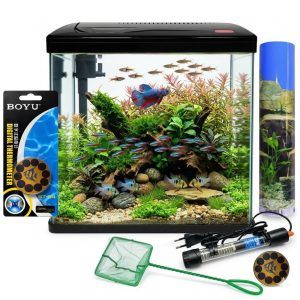 Set acvariu complet echipat cu iluminare LED, filtru, incalzitor si accesorii. Acvariu complet echipat si gata de a fi pus in functiune.