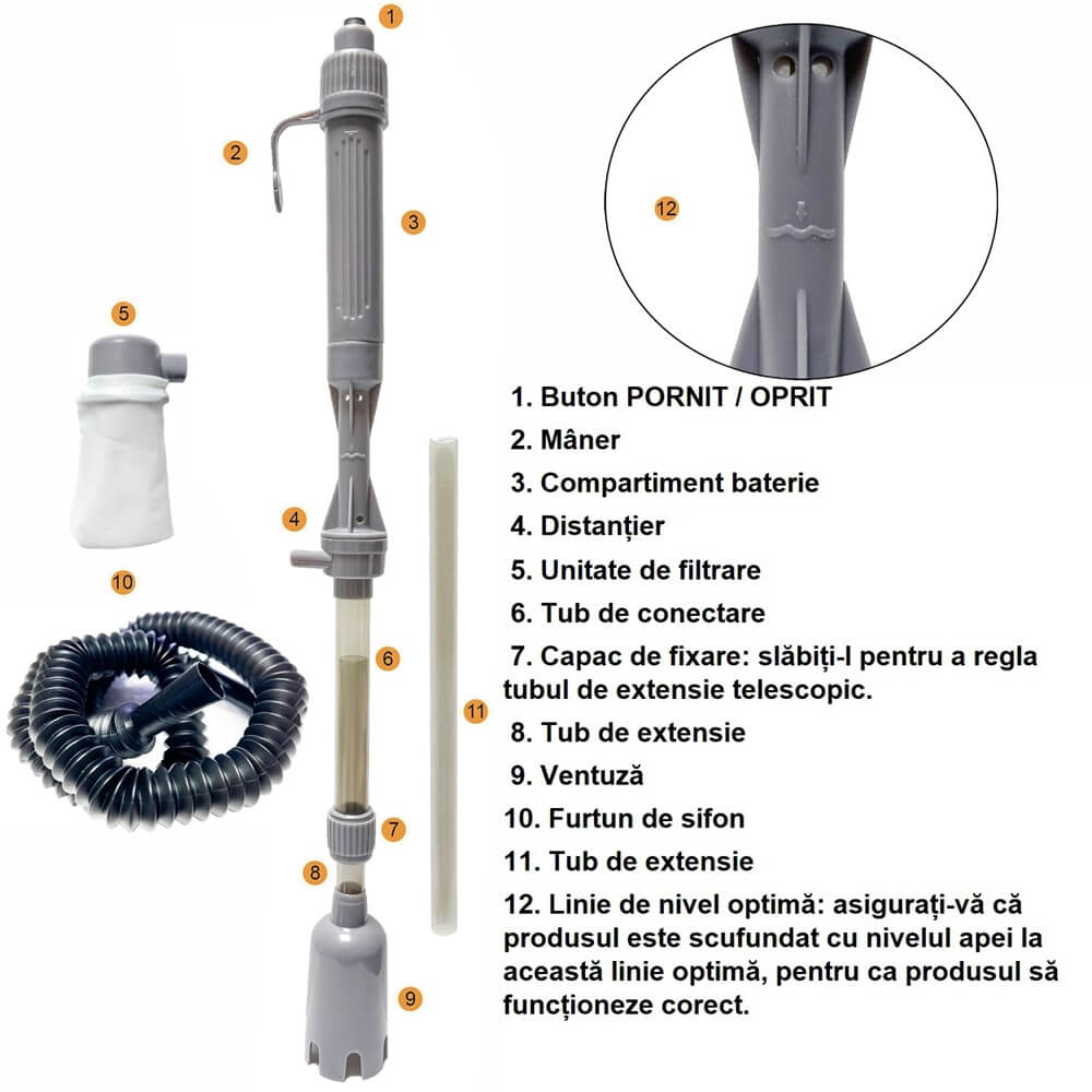 Sifonator electric acvariu pe baterii model L68 6 Sifonator electric acvariu pe baterii model L68. Acest aspirator acvariu este o pompa curatare acvariu actionata de un motor electric pe baterii cu rol de curatare a substratului si schimb de apa. Sifonator electric acvariu simplu si eficient in colectarea mizeriei din substrat. Aspirator substrat acvariu multifuncțional – Acest Sifonator electric acvariu pe baterii pentru acvariu este instrumentul ideal de curățare și întreținere a acvariului fiind un produs multifuncțional ce ajută la colectarea mizeriei dein acvariu, curățarea substratului și schimbul de apă fără efort. Aspirator acvariu diferit de sifonatorul tradițional care necesită apăsare manuală pentru a funcționa, sifonatorul electric pentru acvariu pe baterii este mai rapid, mai eficient și mai convenabil. Pornește la o simplă apăsare de buton și reușește să colecteze mizeria din acvariu pe care majoritatea sistemelor de filtrare nu o pot asimila. Aspirator acvariu cu lungime reglabilă a tubului – Trei tuburi de diferite lungimi pot fi combinate în mod liber iar lungimea maximă a combinației tubului de absorbție este de 60 cm. Potrivit pentru acvarii mici, medii și mari. Poate fi folosit cu tubulatura standard la acvarii cu înălțimea coloanei de apă cuprinsă în intervalul 33 – 60 cm. Utilizarea la acvarii cu înălțimea coloanei de apă mai mică de 33 cm este posibilă cu scurtarea prin tăiere a țevii transparente de sorb. Astfel aspiratorul poate fi folosit la acvarii cu înălțimea coloanei de apă de până la 22 cm. NOTĂ Pentru a vă asigura că folosiți corect produsul nu utilizați continuu mai mult de 30 de minute și nu scufundați compartimentul bateriei în apă. Pentru a asigura o aspirație puternică trebuie să utilizați produsul la nivelul apei indicat pe corpul sifonatorului în linia de limită minimă și maximă a apei înainte de a apăsa butonul de alimentare. Culoare: gri cu tubulatură transparentă. Necesită 2 baterii de tip C de 1,5 V (nu sunt incluse). Aspirator acvariu cu săculeț pentru colectarea mizeriei și furtun de schimbare a apei incluse. Dotat cu o pompă de apă cu un debit aproximativ de 520 litri/oră