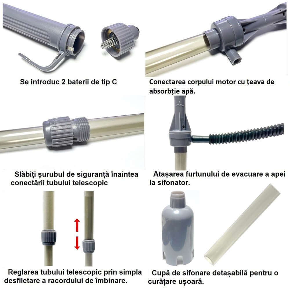 Sifonator electric acvariu pe baterii model L68 5 Sifonator electric acvariu pe baterii model L68. Acest aspirator acvariu este o pompa curatare acvariu actionata de un motor electric pe baterii cu rol de curatare a substratului si schimb de apa. Sifonator electric acvariu simplu si eficient in colectarea mizeriei din substrat. Aspirator substrat acvariu multifuncțional – Acest Sifonator electric acvariu pe baterii pentru acvariu este instrumentul ideal de curățare și întreținere a acvariului fiind un produs multifuncțional ce ajută la colectarea mizeriei dein acvariu, curățarea substratului și schimbul de apă fără efort. Aspirator acvariu diferit de sifonatorul tradițional care necesită apăsare manuală pentru a funcționa, sifonatorul electric pentru acvariu pe baterii este mai rapid, mai eficient și mai convenabil. Pornește la o simplă apăsare de buton și reușește să colecteze mizeria din acvariu pe care majoritatea sistemelor de filtrare nu o pot asimila. Aspirator acvariu cu lungime reglabilă a tubului – Trei tuburi de diferite lungimi pot fi combinate în mod liber iar lungimea maximă a combinației tubului de absorbție este de 60 cm. Potrivit pentru acvarii mici, medii și mari. Poate fi folosit cu tubulatura standard la acvarii cu înălțimea coloanei de apă cuprinsă în intervalul 33 – 60 cm. Utilizarea la acvarii cu înălțimea coloanei de apă mai mică de 33 cm este posibilă cu scurtarea prin tăiere a țevii transparente de sorb. Astfel aspiratorul poate fi folosit la acvarii cu înălțimea coloanei de apă de până la 22 cm. NOTĂ Pentru a vă asigura că folosiți corect produsul nu utilizați continuu mai mult de 30 de minute și nu scufundați compartimentul bateriei în apă. Pentru a asigura o aspirație puternică trebuie să utilizați produsul la nivelul apei indicat pe corpul sifonatorului în linia de limită minimă și maximă a apei înainte de a apăsa butonul de alimentare. Culoare: gri cu tubulatură transparentă. Necesită 2 baterii de tip C de 1,5 V (nu sunt incluse). Aspirator acvariu cu săculeț pentru colectarea mizeriei și furtun de schimbare a apei incluse. Dotat cu o pompă de apă cu un debit aproximativ de 520 litri/oră