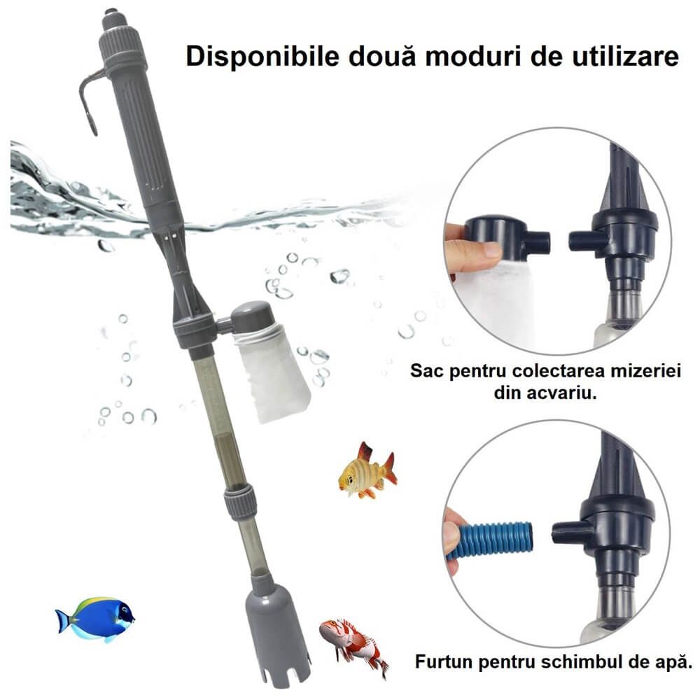 Sifonator electric acvariu pe baterii model L68 14 Sifonator electric acvariu pe baterii – Beneficii majore ale utilizarii: Curatare fara efort: Sifonatorul electric acvariu pe baterii permite curatarea eficienta a substratului si a apei fara efort manual. Motorul electric colecteaza rapid mizeria acumulata si faciliteaza schimbarea apei. Economie de timp: Spre deosebire de aspiratoarele traditionale, acest aspirator acvariu asigura un proces rapid si simplu, economisind timp pretios pentru pasionatii de acvaristica. Protectie pentru vietuitoare: Marginile tubului sunt netede, protejand pestii si alte vietuitoare acvatice de posibile accidente. Mentenanta usoara: Datorita designului ergonomic si a accesoriilor incluse, pompa curatare acvariu este extrem de usor de intretinut. Versatilitate: Potrivit pentru acvarii de apa dulce si sarata, acest sifonator electric este instrumentul ideal pentru orice tip de mediu acvatic.