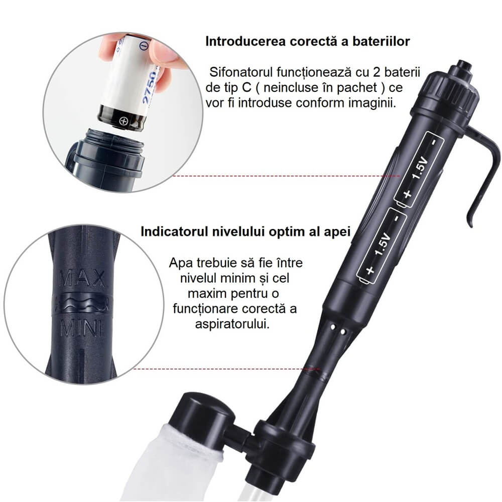 Sifonator electric acvariu pe baterii model L68 8 Sifonator electric acvariu pe baterii model L68, aspirator acvariu eficient, pompa curatare acvariu pentru intretinere usoara si rapida!