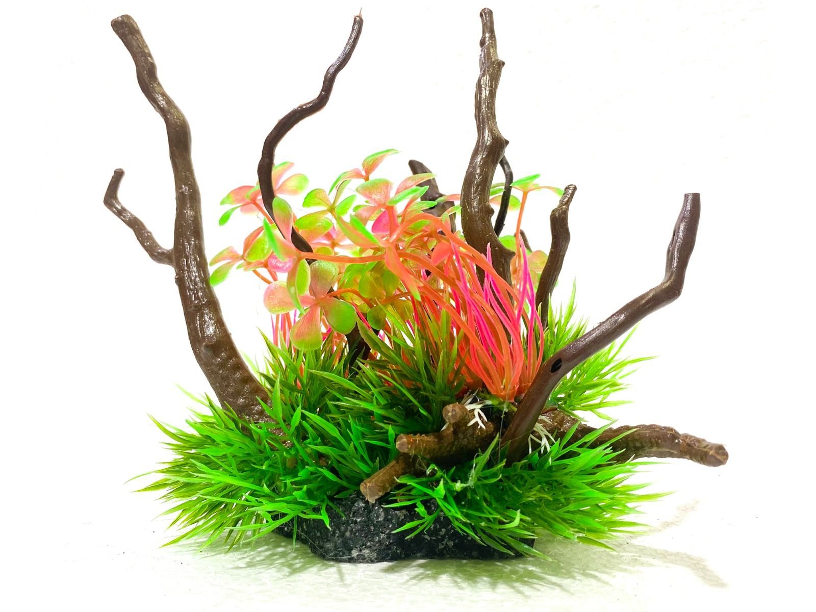 Plante artificiale de acvariu rosii gazon si lemn 3 Plante artificiale de acvariu rosii si gazon verde pe baza roca. Plante artificiale sigure, plante de acvariu din plastic flexibile, decor acvatic 3D ce reduce stresul pestilor.