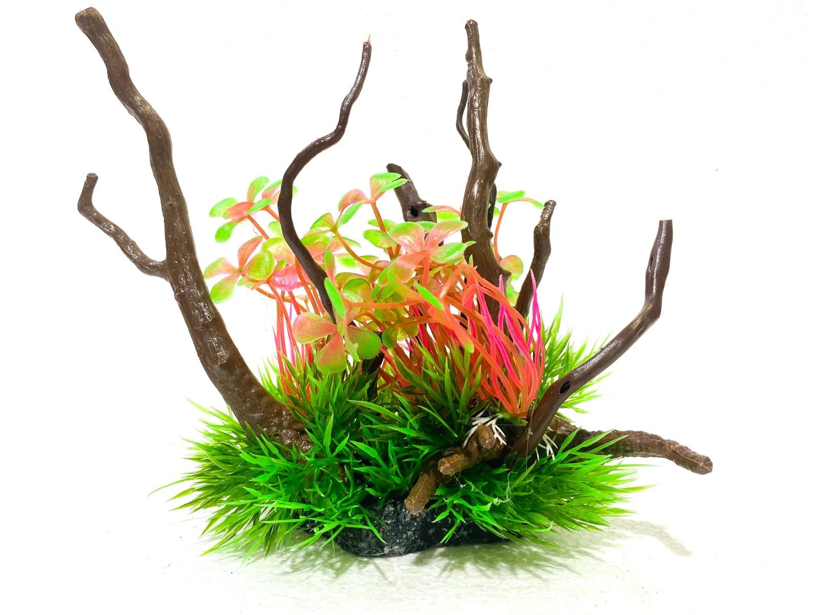 Plante artificiale de acvariu rosii gazon si lemn 4 Plante artificiale de acvariu cu accente roz-verzi, gazon neon si lemn. Plante artificiale durabile, plante de acvariu din plastic non-toxic, decor acvatic vibrant pentru refugiu pesti.