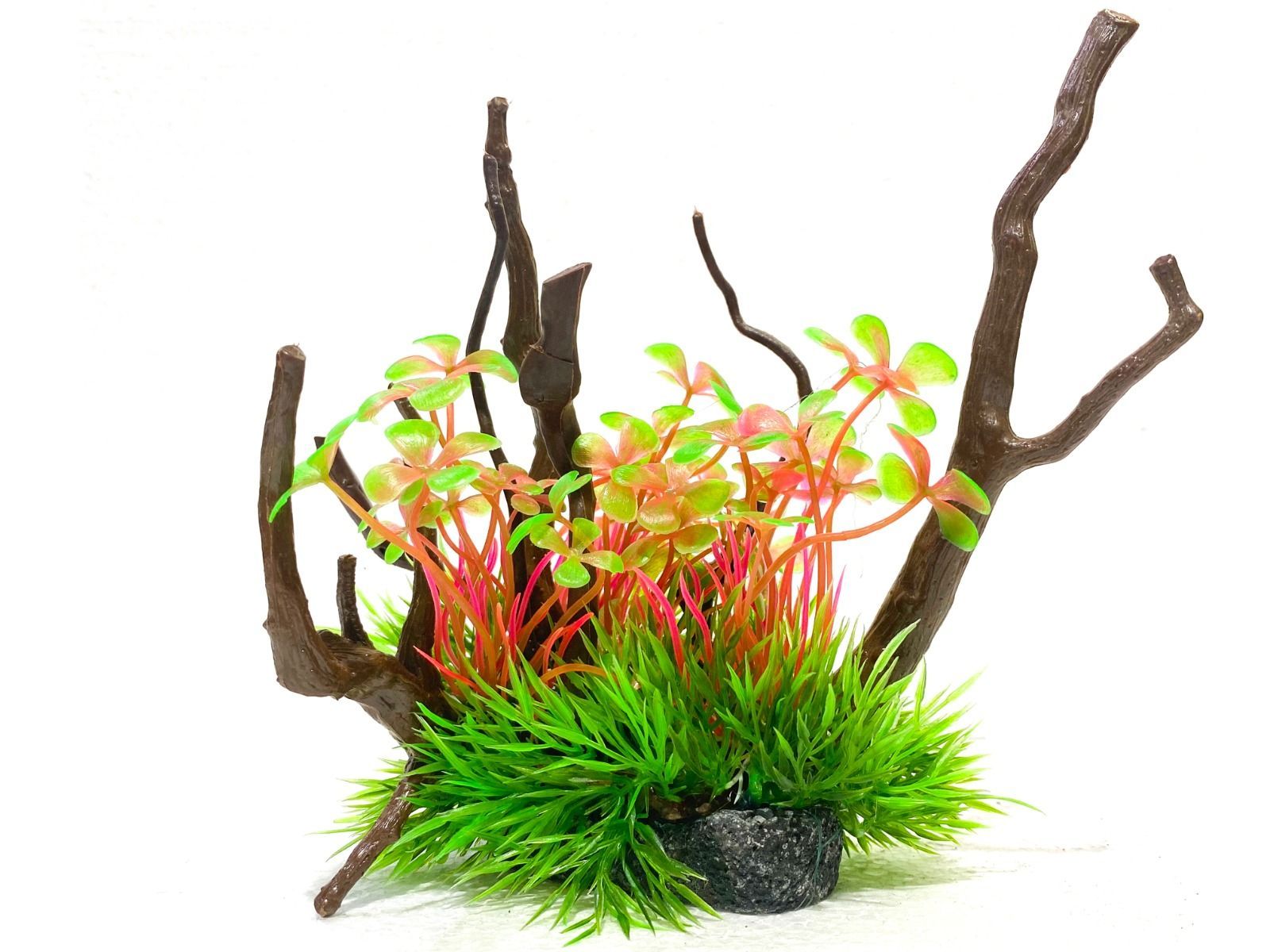 Plante artificiale de acvariu rosii gazon si lemn 2 Plante artificiale de acvariu – aranjament luminos cu lemn drift, plante artificiale colorate, plante de acvariu din plastic stabile, decor acvatic fotogenic pentru scaping rapid.