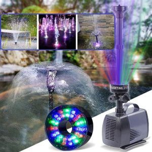 Fantana arteziana de exterior cu leduri ce ilumineaza jetul de apa. Arteziana cu spot led ce realiza un spectacol de lumina, jeturi de apa si culoare. Arteziana cu spot led ( 30 leduri in spot ) ce realizeaza un efect luminos feeric pe timp de noapte. Aceasta fantana arteziana cu leduri este alegerea perfecta pentru decorarea unei gradini cu efecte estetice deosebite atat pe timpul zilei cat si noaptea. Fantana arteziana de exterior cu leduri care se poate monta usor in spatii cu apa de adancime maxima de 60 cm. Specificatii: – Complet non coroziv – Pompa de apa submersibila protejata de un strat de plastic complet etans care elimina 100% riscul de accidente ale curentului electric in contact cu apa. – Usor de curatat si de intretinut – Conceptul artezienei permite o curatare simpla si rapida. – Design compact si durabil – O Fantana arteziana de exterior cu leduri de calitate ce este garantata sa functioneze perioade indelungate de timp. Domeniu de aplicare: Dotata cu o pompa de apa de cea mai buna calitata, aceasta fantana arteziana cu lumini led se poate utiliza in scop decorativ ca de exemplu in iazuri, gradini si diverse amenajari cu apa. Pompa submersibila a fantanii arteziene poate fi folosita la acvarii, sisteme de recirculare a apei, alimentarea cu apa a filtrelor de iaz, mini irigatii, cascade si multe alte aplicatii ce implica miscarea apei. Kit fantana arteziana inclus cu 2 pipe diferite pentru un spectacol de difuzie al apei variat sub forma de tasnitoare si clopot de apa. Fantana arteziana va fi pusa in functiune numai dupa imersia acesteia in apa. Temperatura maxima de utilizare este de 45 °C. Parametrii tehnici: Lungimea cablului electric: 4,8 metri. Cablu electric cauciucat special fabricat pentru lucrul sub apa. Model: LED-9800FP Voltaj: 220V/230V/240V 50Hz. Frecventa: 50 Hz. Putere / consum de energie electrica: 85 W. Debit maxim: 5500 Litri / Ora. Diametrul exterior al stutului de evacuare a apei: 19 mm. Dimensiunile pompei submersibile: 17 cm (Lungime) x 10,5 cm (latime) x 12,5 cm (inaltime). Arteziana cu spot led: Fantana arteziana este dotata cu dispozitiv de iluminare spot led sub forma de disc de 7 cm diametru cu 30 leduri care isi schimba automat culoarea la un interval de 3 secune astfel: rosu – albastru verde, verde – albastru, verde – rosu, verde, albastru – rosu, rosu. Fantana arteziana are 2 cabluri de alimentare: unul pentru pompa si celalalt pentru spotul led, o solutie excelenta pentru a putea conecta spotul LED la un programator electric ca sa functioneze intr-un anumit interval orar pe timpul noptii. Pompa submersibila cu reglaj al debitului de apa cu alimentare la 220V/230V/240V 50Hz de 85 W cu un debit de 5500 l/h, un H maxim al coloanei de apa ridicata de 5 metri si un jet de apa aruncat de aproximativ 250 cm, in functie de kitul de dispersie a apei la care este conectata. Kit de fantana arteziana cu 2 capete ce pot fi folosite fiecare separat: unul tasnitoare si unul cupola. Inaltimea maxima a fantanii arteziene cu kitul de dispersie al apei montat este de 60 cm. Pompa de apa foate fi folosita separat ca pompa pentru cascade sau alte amenajari care implica propulsia de apa. De asmenea produsul mai vine in cutie cu inca 2 stuturi cu diamentrul exterior de 18 mm si 22 mm. Cele 4 ventuze ajuta la fixarea fantanii arteziene pe o suprafata plana, neteda si luciosa.