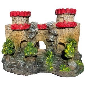 Decor acvariu castel cu scari, un castel acvariu plin de farmec. Un decor acvariu perfect pentru decorarea acvariului, unde turnurile rosii si pasajele subacvatice creeaza un peisaj de basm pentru pesti curiosi.