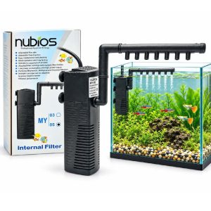 Filtru intern acvariu de dimensiuni mici 5W 450 l/h Nubios MY-05 cu bara sprinkler, cutie si exemplu de montaj in acvariu