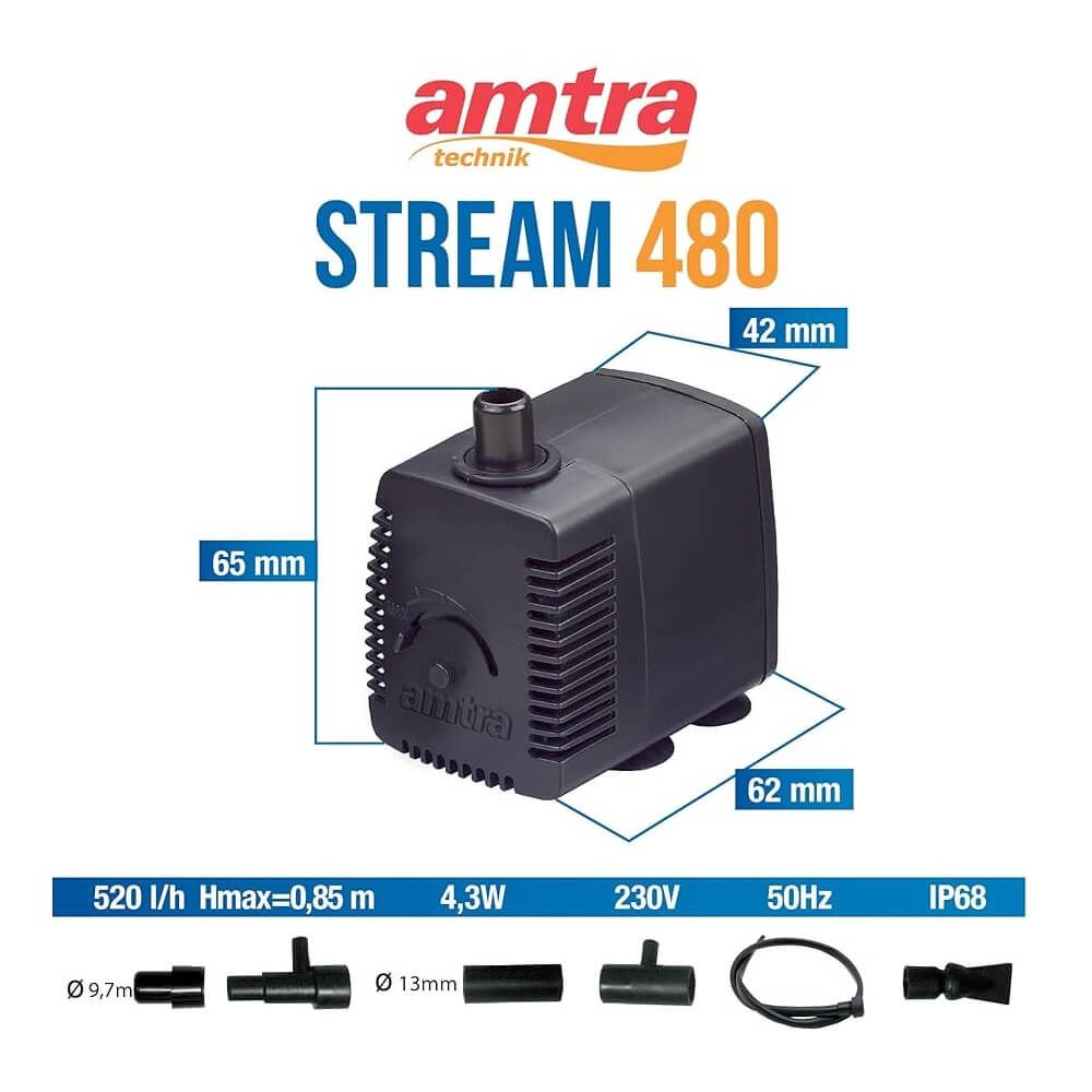 Mini pompa submersibila reglabila 520 l/h 4 Mini pompa submersibila reglabila cu debit de 520 l/h. Mini pompa submersibila 220V folosita ca pompa fantana arteziana mica, pompa acvariu sau arteziana pisici De asemenea se poate folosi la amenajarea diferitelor fluxuri mici de apă curgătoare. Detalii tehnice: Debit maxim: 520 litri / oră. Înălțimea maximă a coloanei de apă ridicată dată de producător: 85 cm. Putere electrică: 4,3 W. Dimensiuni: 40 x 62 x 65 mm. Stream 480 are mai multe stuturi de evacuare a apei. Doua dintre ele au urmatoarele diametre: 10 mm. 13 mm. Mini pompa submersibila reglabila, cu un debit de 520 l/h, o solutie versatila si eficienta pentru imbunatatirea mediului acvatic din casa sau gradina dumneavoastra. Aceasta mini pompa submersibila 220V este perfect adaptata pentru a servi ca pompa pentru fantani arteziene mici, pentru acvarii sau chiar pentru fantani arteziene dedicate pisicilor, oferind o flexibilitate remarcabila si o performanta de incredere. Cu capacitatea de a regla debitul de apa, aceasta pompa va permite sa ajustati fluxul in functie de nevoile specifice ale proiectului acvatic, fie ca doriti sa creati o mica cascada relaxanta intr-o fantana arteziana de apartament, sa asigurati o circulatie constanta si sanatoasa a apei in acvariu sau sa oferiti animalelor de companie o sursa curata si continua de apa. Designul compact al pompei faciliteaza instalarea discreta si eficienta in orice mediu acvatic fara a perturba estetica sau linistea spatiului. Eficienta energetica ridicata a modelului de 220V asigura ca in ciuda performantelor sale puternice consumul electric ramane scazut contribuind la economii pe termen lung. Aceasta mini pompa submersibila reglabila este solutia ideala pentru cei care cauta o modalitate practica si eficienta de a adauga viata si miscare in mediul acvatic din jurul lor, fie ca este vorba de un acvariu de acasa, o fantana arteziana in gradina sau un sistem de hidratare pentru pisici. Performanta sa adaptabila, combinata cu usurinta de instalare si intretinere, o face o alegere excelenta pentru pasionatii de acvaristica si peisagistica acvatica, garantand satisfactie si rezultate remarcabile in orice proiect acvatic.