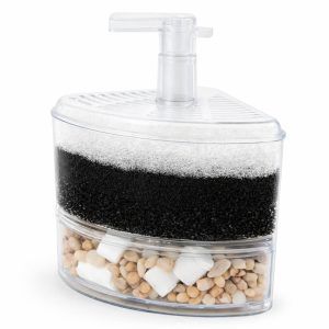 Filtru acvariu de colt pentru 5 – 40 litri, un filtru intern acvariu cu filtrare biologica si mecanica, burete si pad filtrant de inalta calitate. Toate acestea pentru a oferi o suprafata mare de filtare pentru o biofiltrare benefica. Filtru acvariu de colt cu un design unic de dispersie a aerului ce trage apa in filtru la o rata mai mare pentru o filtrare completa.