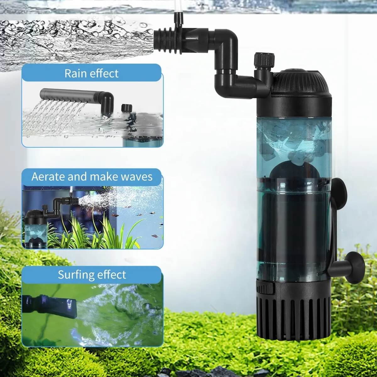 Filtru apa acvariu pesti, filtrare acvariu 5-50 l 16 Efect de ploaie, valuri si aerare. Acest filtru cu aer pentru acvariu ofera multiple functii pentru a mentine un mediu curat si oxigenat. Recomandat pentru acvarii de 5-50L.