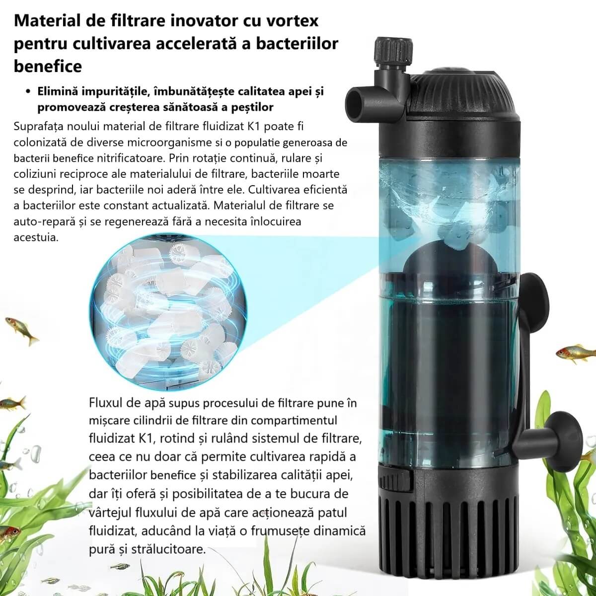 Filtru apa acvariu pesti, filtrare acvariu 5-50 l 12 Material inovator cu vortex pentru cultivarea bacteriilor benefice. Filtru apa acvariu pesti cu tehnologie avansata de purificare biologica. Pastreaza apa limpede si sanatoasa.