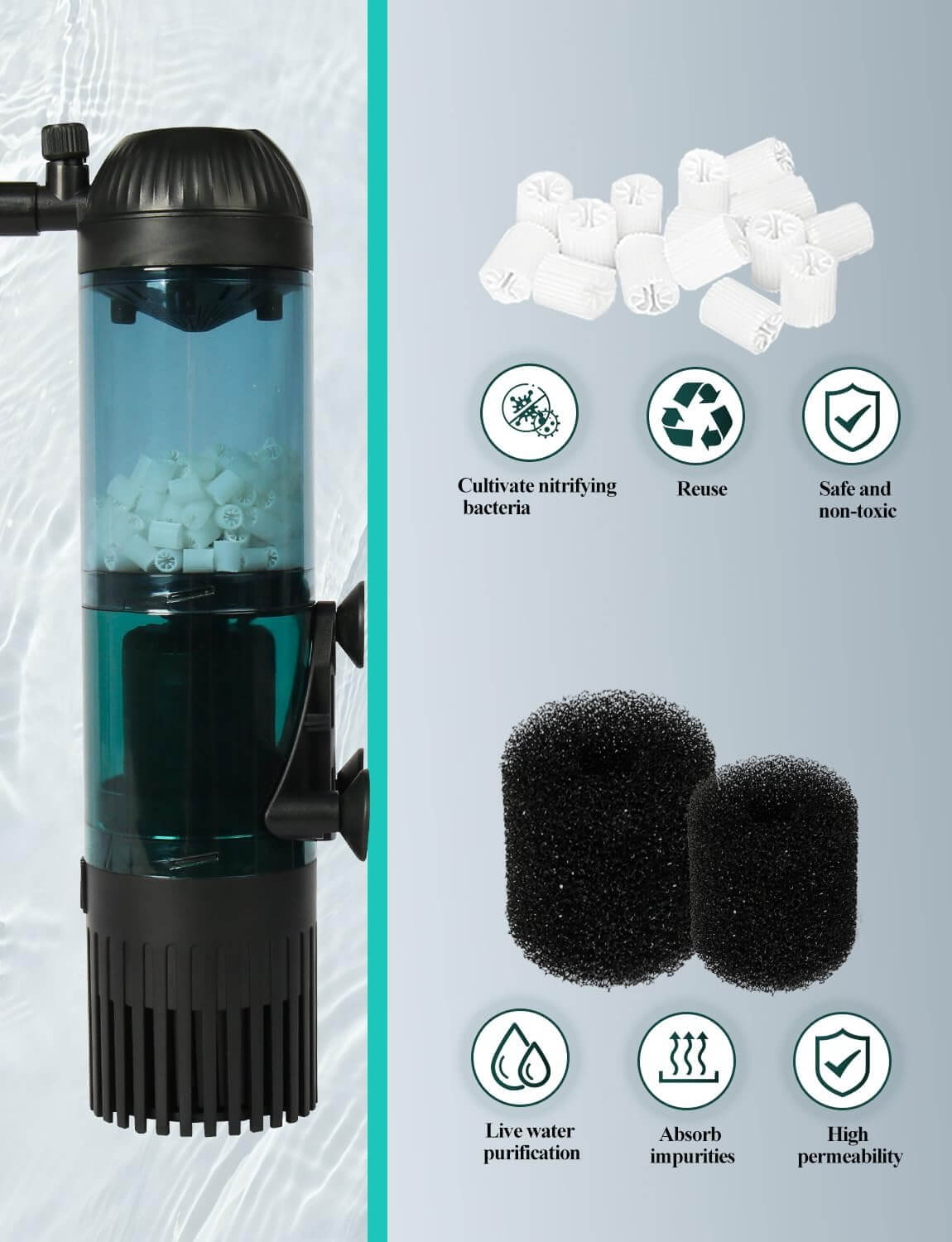 Filtru apa acvariu pesti, filtrare acvariu 5-50 l 10 Material de filtrare inovator pentru un habitat sanatos. Filtru apa acvariu pesti cu spuma biochimica si tehnologie de circulatie optima. Alegerea ideala pentru filtrare acvariu!