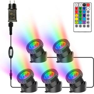 Set 5 spoturi submersibile RGB, perfect pentru iluminare exterior, iluminare iazuri si lampa led exterior 220v. Luminile de gradina ideale pentru un decor spectaculos.