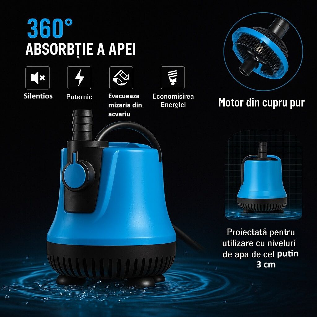 Pompa evacuare apa drenaj 2500 L/h, 1.6 m H max reglaj debit 10 Pompa evacuare apa 2500 L/h cu reglaj este un echipament versatil si practic. Este perfecta ca pompa evacuare piscina, fiabila ca pompa drenaj apa si eficienta ca pompa recirculare iaz. Datorita designului, poate fi integrata si ca pompa fantana arteziana, pentru decor elegant si relaxant.
