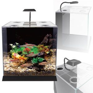 Acvariu nano cube modern, acvariu 34 litri cu design premium, ideal ca acvariu pesti complet. Acest nano acvariu complet este realizat din acvariu sticla Opti White si vine ca set acvariu cu filtru si lumina, oferind un habitat perfect pentru pesti si plante, dar si o estetica deosebita pentru casa ta.