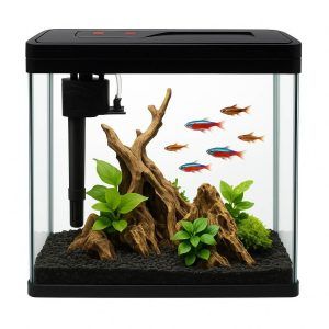 Acvariu mic elegant si practic, mini acvariu pesti ideal. Acvariu pesti mic cu capac si filtru, acvariu 10 litri complet.