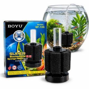 Filtru burete acvarii mici Boyu SF-100 cu ambalaj si imagine de utilizare