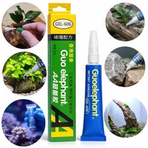 Colaj cu adeziv instant pentru acvariu Guoelephant si exemple de aplicare pe plante, piatra, coral si lemn
