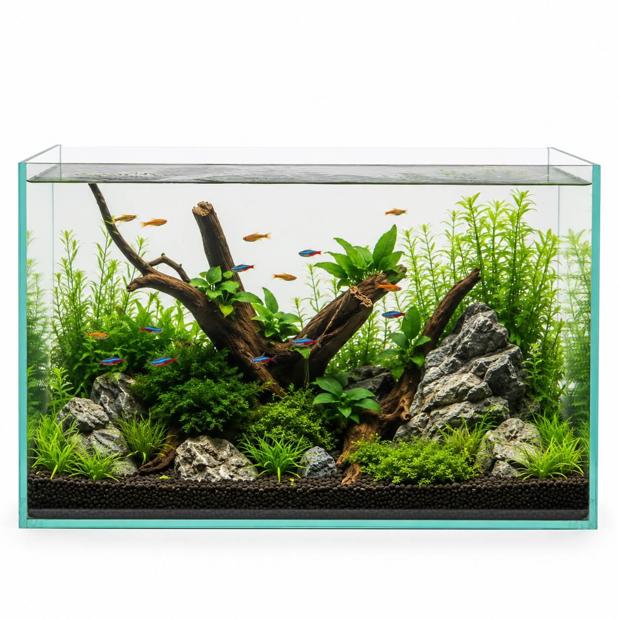 Acvariu sticla pesti exotici OptiWhite 39 Litri, 50x26x30 cm 3 Acvariu pesti exotici amenajat cu plante, lemn natural si roci